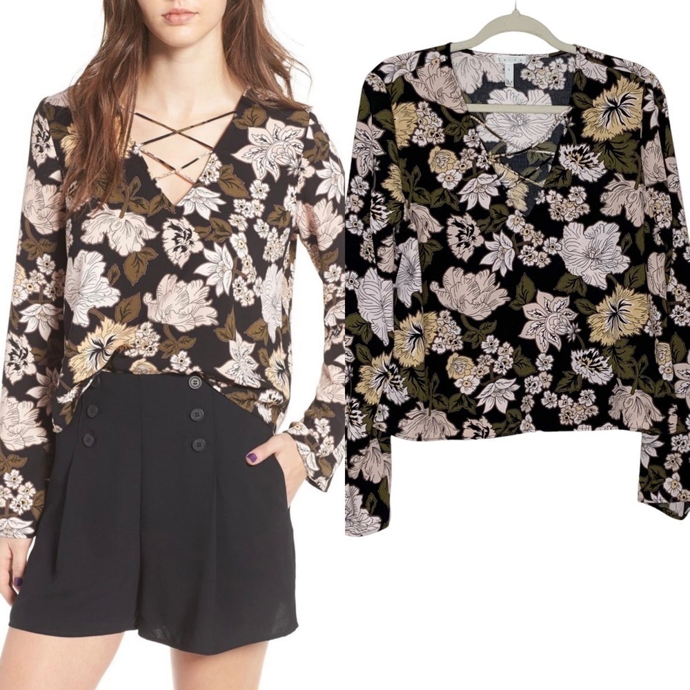 LEITH floral blouse with cris cross front details. Long wide sleeves. Size L